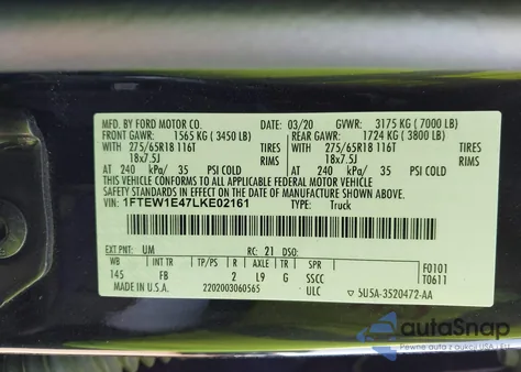 2020 Ford F-150 Xlt from USA, damaged, VIN 1FTEW1E47LKE02161